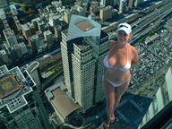 collage city mega large_breasts swimsuit high_angle skyscrapers looking_at_viewer cap