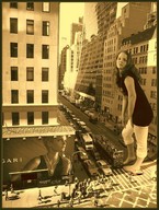 giantess collage city clothed barefoot traffic bus people streets sepia crlvr looking_at_viewer