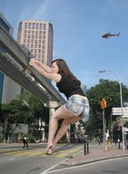 giantess destruction barefoot helicopter scared shrunken_men in_street pulling_bridge_down