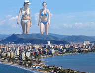 giantess collage city mega black_hair large_breasts swimsuit ocean sunglasses mountains giantesses clouds coast sky hat sunny holiday_resort