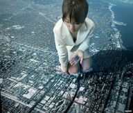 collage city mega destruction clothed handheld brunette high_angle asian short_hair kneeling jets rld