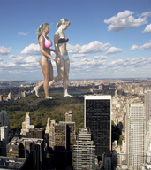 breasts giantess collage city mega blonde swimsuit park ponytail walking looking_down giantesses clouds sky sunny trees new_york_city central_park