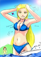 breasts drawing giantess mega blonde color swimsuit cleavage water anime yellow_eyes korean pmpzs yellow_hair giantesses boats ships wading claudia korea_gts hill blue_bikinis
