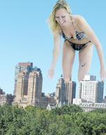 giantess collage city blonde swimsuit helicopter smiling bending_over sky trees
