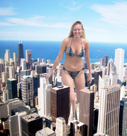 collage city mega blonde swimsuit ocean smiling skyscrapers clouds sky