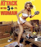 breasts giantess collage city mega blonde destruction handheld cleavage skirt high_heels parody looking_down model_city movie_poster highway vehicles red_nails truck straddling top trish_stratus attack_of_the_50_foot_woman