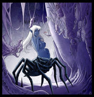breasts drawing karbo furry color long_hair topless shrunken_men entrapment spider spider_girl drider pointed_ears