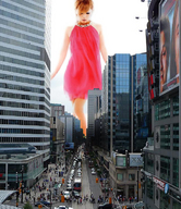 collage city mega traffic asian red_hair looking_down people streets pink_dress