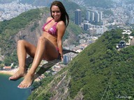 collage city swimsuit water brunette smiling sitting mountains looking_at_viewer
