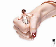 collage handheld brunette short_hair shrunken_woman captured red_nails rubber_apex evening_wear