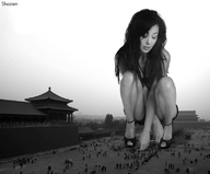 giantess collage monochrome black_hair long_hair high_heels asian kneeling looking_down people shazam