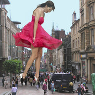 giantess collage city black_hair high_heels legs looking_down people streets pink_dress kelly_brook