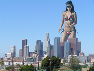 collage city mega black_hair swimsuit sunglasses skyscrapers sky sunny