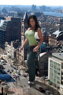 giantess collage city huge_breasts brunette shrunken_people streets vehicles denise_milani looking_at_viewer blue_jean
