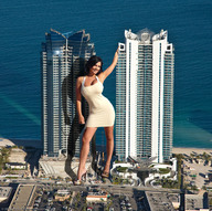 giantess collage city mega black_hair large_breasts long_hair high_heels smiling dress unknown_artist legs denise_milani