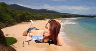 giantess collage vore mega long_hair swimsuit beach barefoot soles red_hair lying_down shrunken_men hand nail_polish flirty onibackus