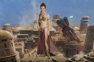 breasts giantess collage city mega swimsuit princess desert brunette spaceship ponytail village star_wars sci-fi metal braid long_skirt futuristic space_ship princess_leia leia metal_bikini han_solo
