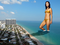 giantess collage black_hair swimsuit beach ocean asian shadow people clouds sky holiday_resort coastline hotels linda_park
