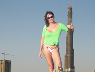 giantess collage black_hair tower sunglasses sky sunny bikini_bottom green_top
