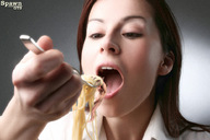 vore brunette shrunken_men face fork food spawngts looking_at_tiny