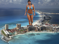 giantess collage black_hair swimsuit beach ocean looking_down clouds holiday_resort hotels