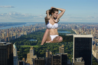 collage city mega swimsuit brunette park sitting sunglasses clouds sky trees