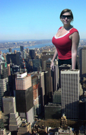 giantess collage city brunette sunglasses sky red_top suuny