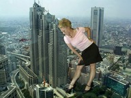 giantess collage city blonde clothed skirt high_heels helicopter hand bending_over looking_down crlvr