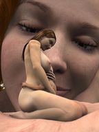 giantess nude handheld green_eyes brunette multiple_sizes lips red_hair shrunken_men sitting face tontoblackadder shrunken_man close_up hugging nose freckles closed_eyes digital_render