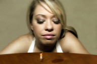 collage blonde shrunken_men face worship table_top looking_at_tiny