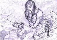 drawing giantess monochrome large_breasts long_hair climbing smiling animal muscles bending_over lineart mountains