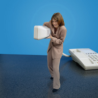 collage clothed brunette short_hair phone shrunken_woman business_woman