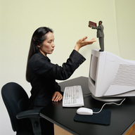 gentle collage long_hair asian unknown_artist shrunken_men sitting hand office reaching business_woman business_men