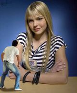 collage blonde clothed shrunken_man small_sir table_top arms_crossed looking_at_tiny