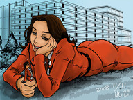 drawing giantess city color butt handheld brunette smiling lying_down boots uniform town tie looking_down laughing curly_hair escape belt jumpsuit looking_at_tiny
