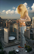giantess blonde shrunken_people skyscrapers clouds sky standing_in_courtyard buckled_concrete