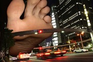 giantess collage feet city mega barefoot traffic soles unknown_artist vehicles night under_foot high_res