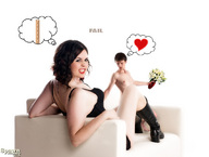 collage nude black_hair boots sitting funny shrunken_man teasing red_lips flowers sideboob spawngts top looking_at_viewer sofa
