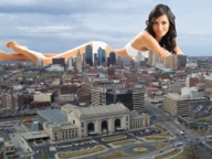 collage city brunette lying_down looking_at_viewer