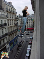 collage city blonde barefoot jeans streets looking_at_viewer