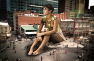 giantess collage city black_hair clothed barefoot dress short_hair sitting people looking_up necklace bracelet mrscaryface frankie_sandford