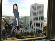 giantess collage city high_heels brunette bag grey_dress