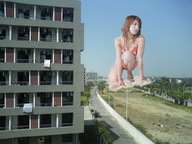 giantess collage swimsuit brunette asian kneeling sky sunny builiding clouds_of_dust