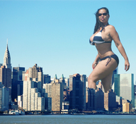 collage city mega black_hair swimsuit water sunglasses skyscrapers sky sunny