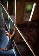 collage blonde dollhouse shrunken_woman hanging_on spotty_dress