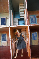 collage blonde barefoot legs dollhouse shrunken_woman spotty_dress