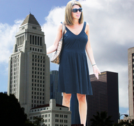 giantess collage city brunette dress sunglasses clouds sky bag