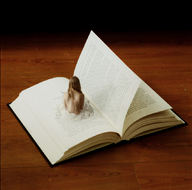 collage blonde shrunken_woman book behind_view