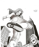 giantess city monochrome long_hair clothed jeans smiling scared marcos_snowbell cruel people point_of_view raised_foot trainers