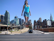 collage city mega black_hair traffic streets sky sunny skirt_jeans blue_top